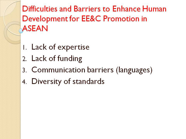Difficulties and Barriers to Enhance Human Development for EE&C Promotion in ASEAN
