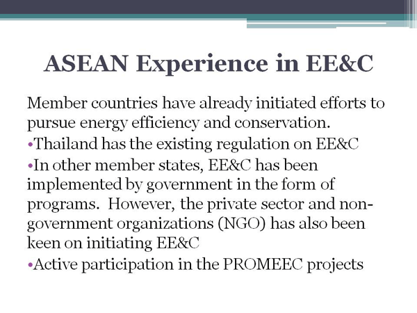 ASEAN Experience in EE&C
