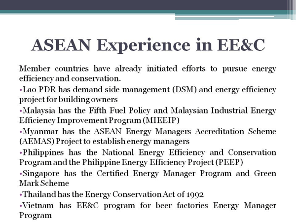 ASEAN Experience in EE&C