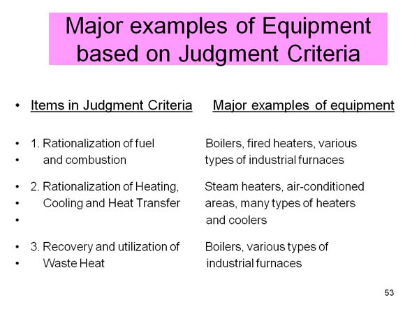 Major examples of Equipment based on Judgment Criteria