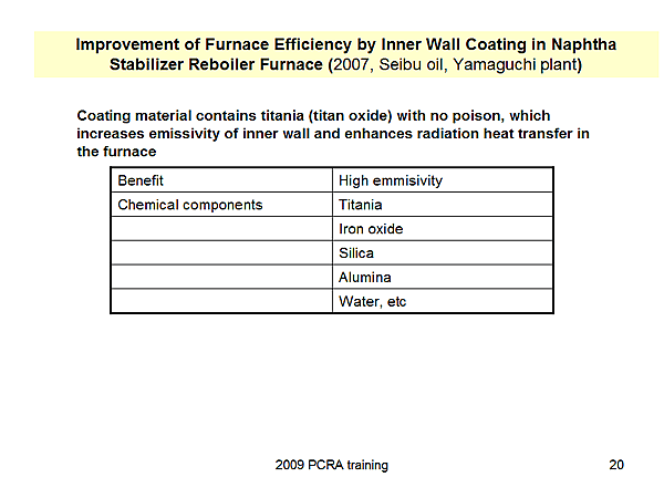 Improvement of Furnace Efficiency by Inner Wall Coating in Naphtha Stabilizer Reboiler Furnace (2007, Seibu oil, Yamaguchi plant)