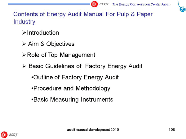 Contents of Energy Audit Manual For Pulp & Paper Industry
