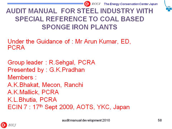 AUDIT MANUAL FOR STEEL INDUSTRY WITH SPECIAL REFERENCE TO COAL BASED SPONGE IRON PLANTS