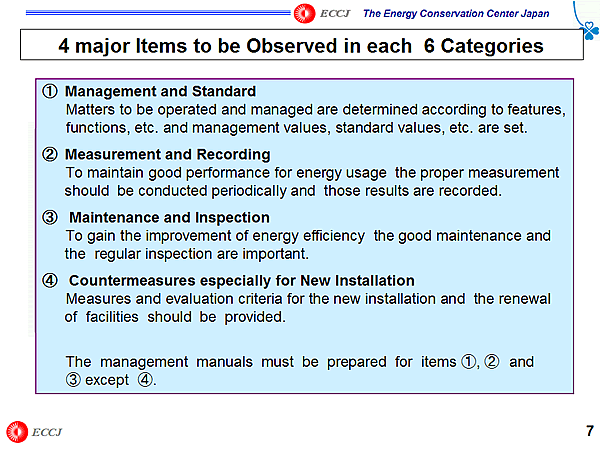 4 major Items to be Observed in each 6 Categories