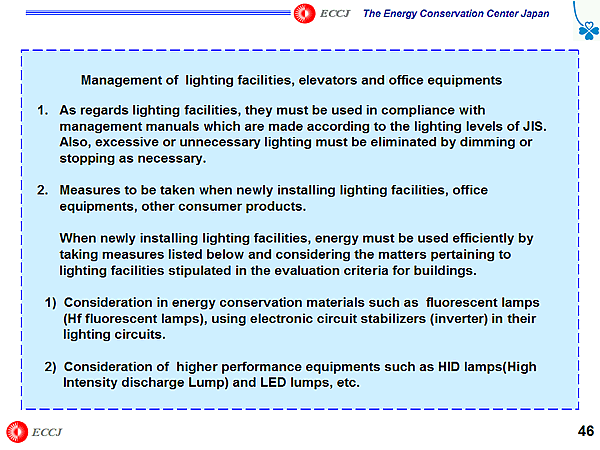 Management of lighting facilities, elevators and office equipments