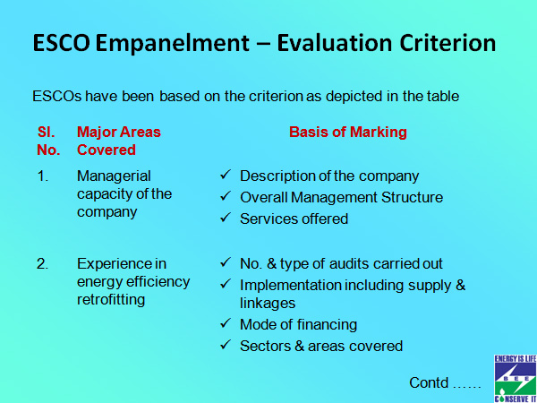 ESCO Empanelment – Evaluation Criterion