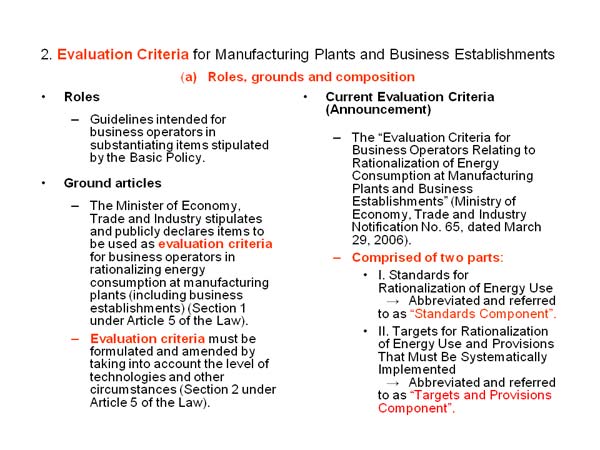 2. Evaluation Criteria for Manufacturing Plants and Business Establishments  (a) Roles, grounds and composition