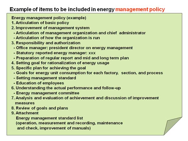  Example of items to be included in energy management policy