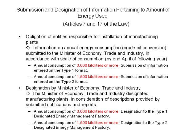 Submission and Designation of Information Pertaining to Amount of Energy Used (Articles 7 and 17 of the Law) 