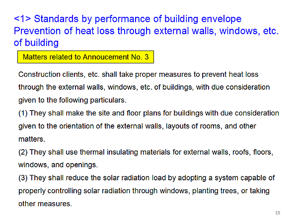 <1> Standards by performance of building envelope Prevention of heat loss through external walls, windows, etc. of building