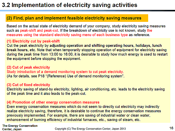 3.2 Implementation of electricity saving activities / (2) Find, plan and implement feasible electricity saving measures