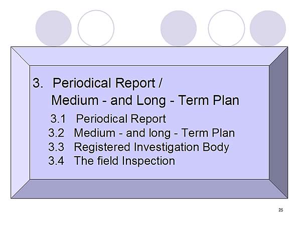 3. Periodical Report / Medium - and Long - Term Plan 3.1 Periodical Report 3.2 Medium - and long - Term Plan 3.3 Registered Investigation Body 3.4 The field Inspection