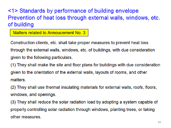 < 1>  Standards by performance of building envelope Prevention of heat loss through external walls, windows, etc. of building