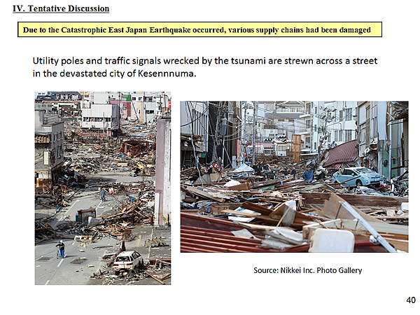 IV. Tentative Discussion / Due to the Catastrophic East Japan Earthquake occurred, various supply chains had been damaged / Utility poles and traffic signals wrecked by the tsunami are strewn across a street in the devastated city of Kesennnuma.
