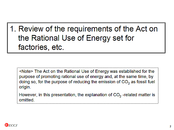 1. Review of the requirements of the Act on the Rational Use of Energy set for factories, etc.