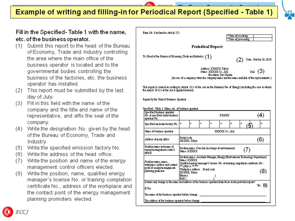 Example of writing and filling-in for Periodical Report (Specified - Table 1)