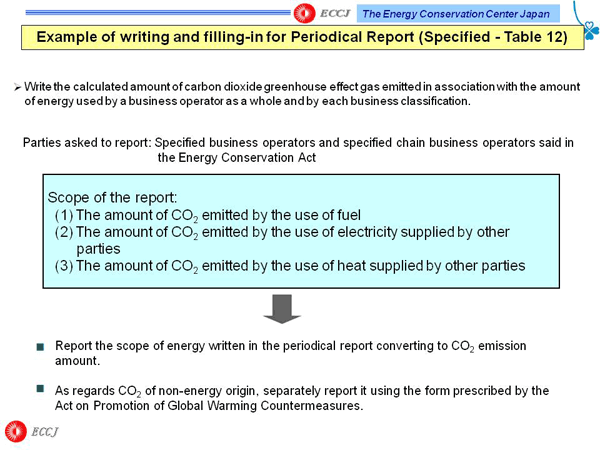 Example of writing and filling-in for Periodical Report (Specified - Table 12)