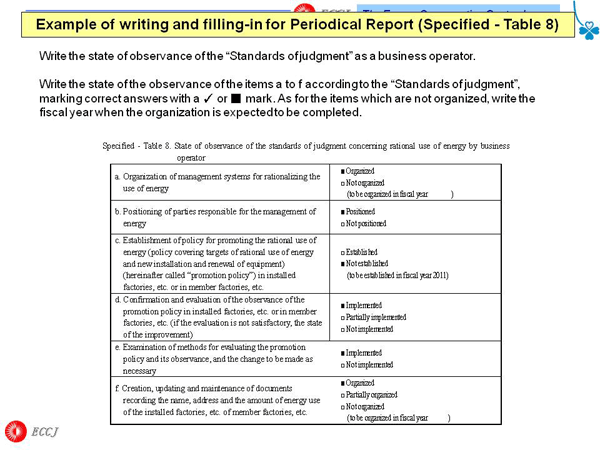 Example of writing and filling-in for Periodical Report (Specified - Table 8)