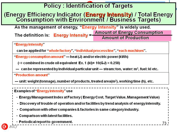 Policy : Identification of Targets (Energy Efficiency Indicator (Energy Intensity) / Total Energy Consumption with Environment / Business Targets)