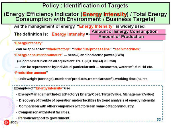 Policy : Identification of Targets (Energy Efficiency Indicator (Energy Intensity) / Total Energy Consumption with Environment / Business Targets)