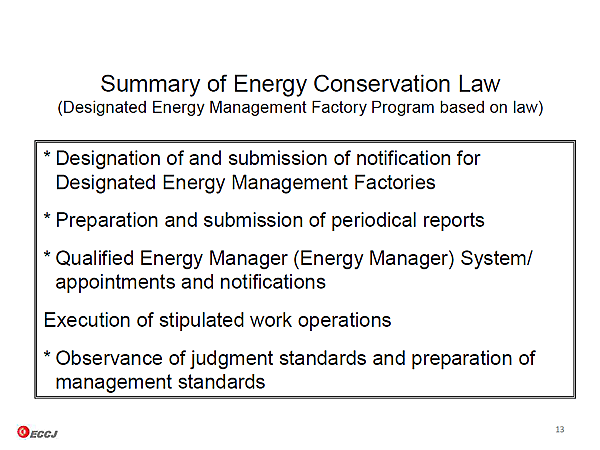 Summary of Energy Conservation Law  (Designated Energy Management Factory Program based on law) 