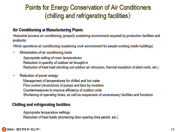 Points for Energy Conservation of Air Conditioners (chilling and refrigerating facilities)