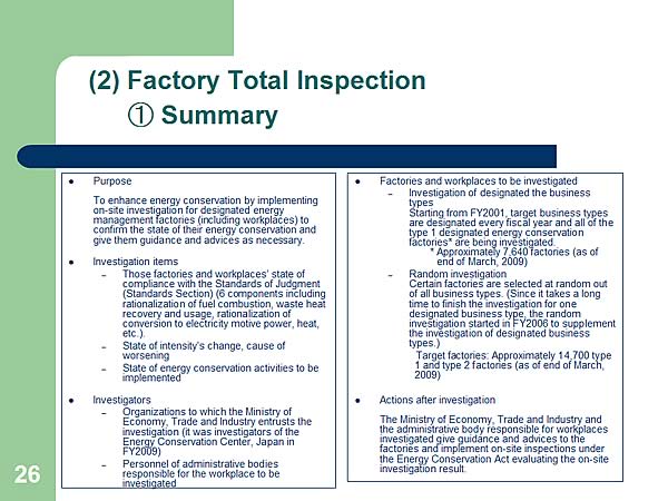 (2) Factory Total Inspection (1) Summary