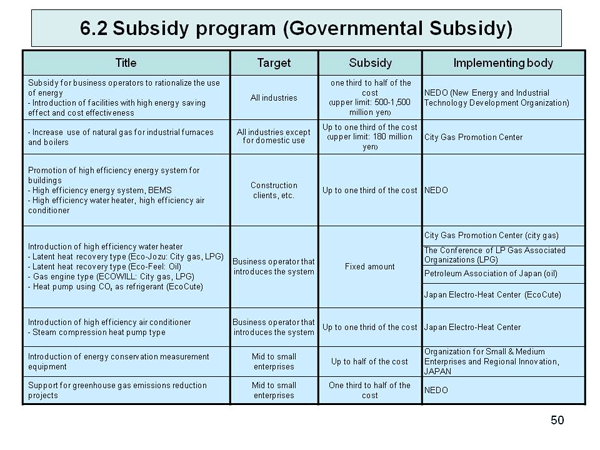 6.2 Subsidy program (Governmental Subsidy)