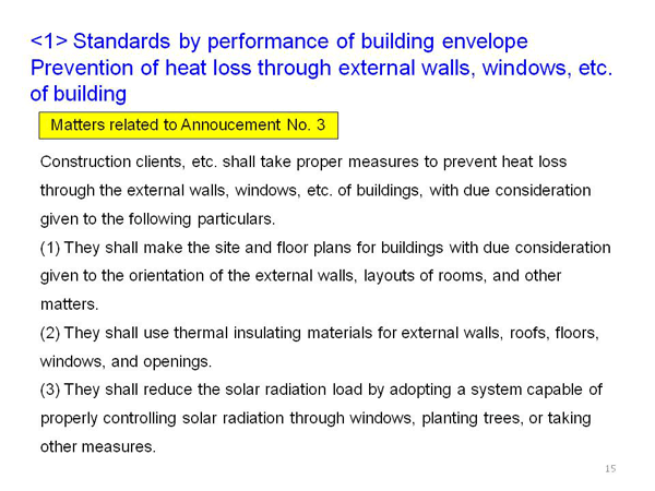 <1> Standards by performance of building envelope Prevention of heat loss through external walls, windows, etc. of building