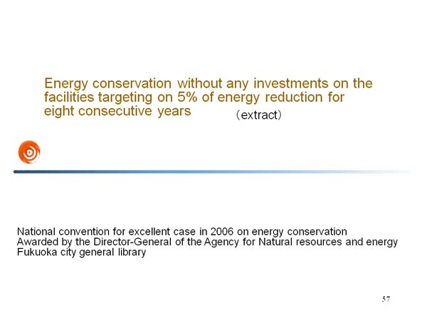 Energy conservation without any investments on the 
facilities targeting on 5% of energy reduction for 
eight consecutive years 
