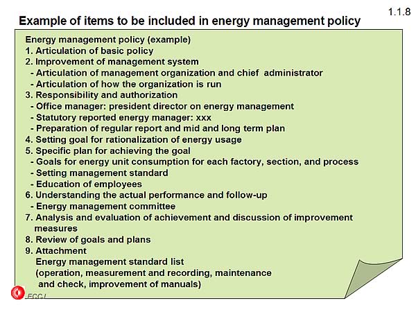 Example of items to be included in energy management policy