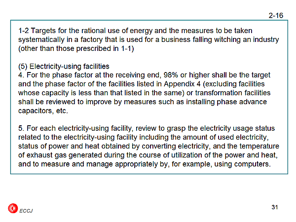2-16 1-2 Targets for the rational use of energy and the measures to be taken systematically in a factory that is used for a business falling witching an industry (other than those prescribed in 1-1)