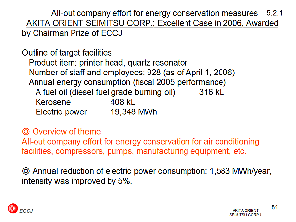 5.2.1 AKITA ORIENT SEIMITSU CORP.; Excellent Case in 2006, Awarded by Chairman Prize of ECCJ