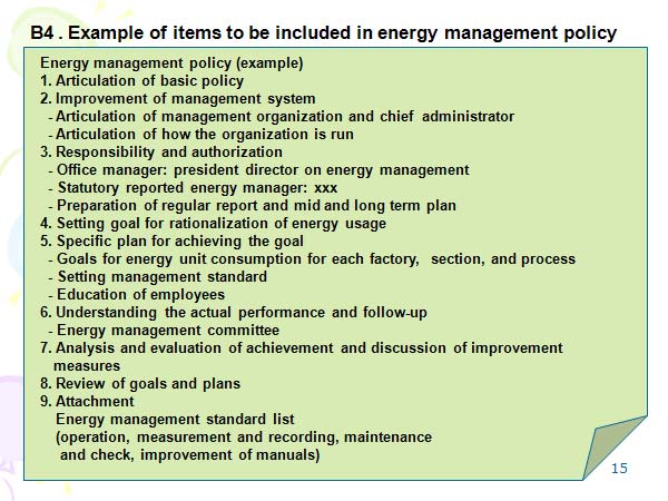 B4 . Example of items to be included in energy management policy