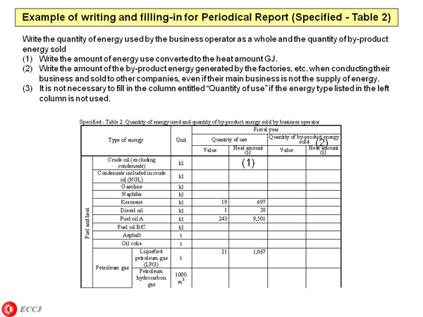 Example of writing and filling-in for Periodical Report (Specified - Table 2)