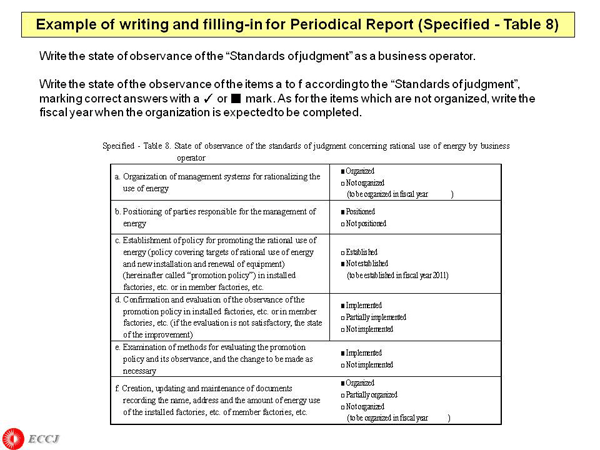 Example of writing and filling-in for Periodical Report (Specified - Table 8)