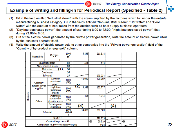 Example of writing and filling-in for Periodical Report (Specified - Table 2)