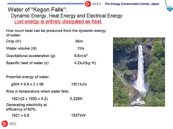 Water of Kegon Falls: Dynamic Energy, Heat Energy and Electrical Energy Lost energy is entirely dissipated as heat.